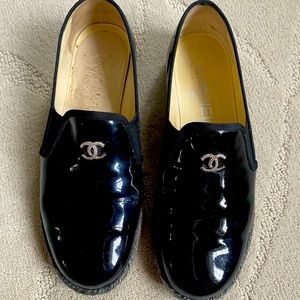 Chanel Black Patent Leather Stud Logo Loafers Size 36
